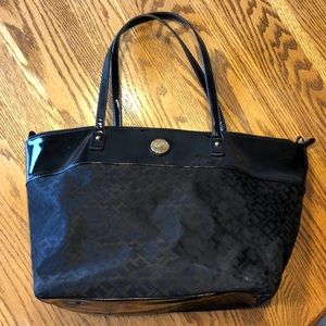 Tommy Hilfiger black “TH” pattern tote with patent leather accents